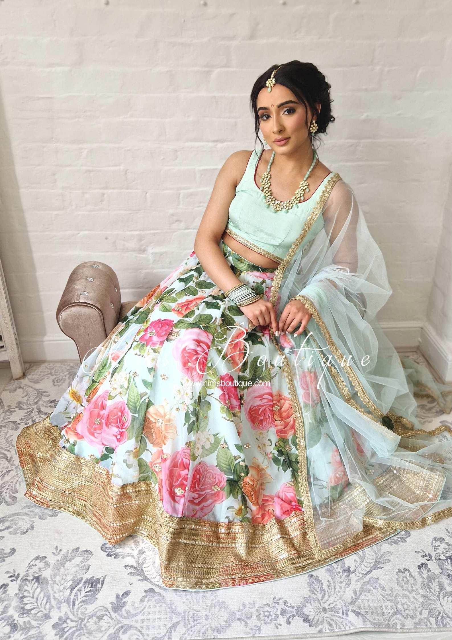 Nims Boutique Tara Luxury Silk Mint & Floral Lehnga