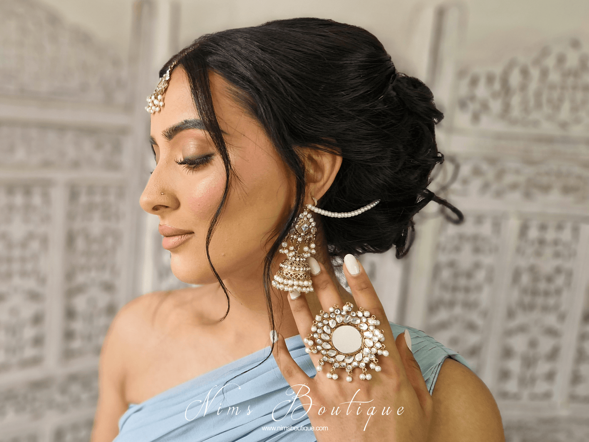 Nims Boutique Tamannah Royal Pearl Earrings & Tikka Set