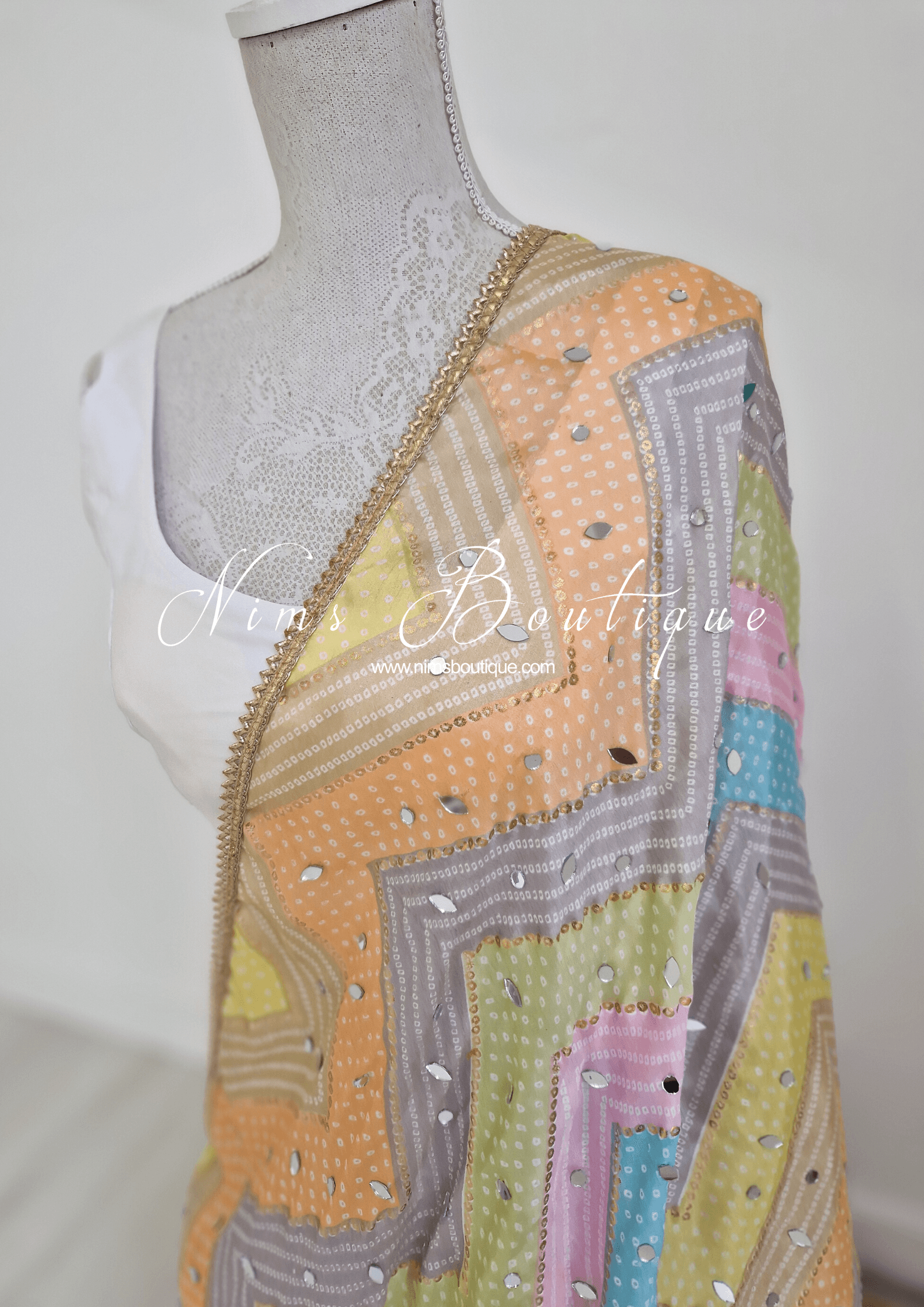Nims Boutique Sitara Luxury Light Pastels Zig Zag Mirror Dupatta/Chunni
