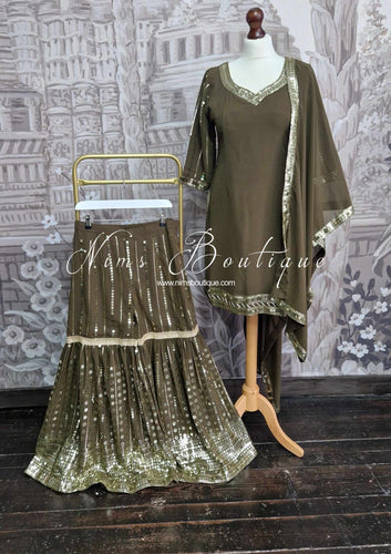 Dark Khakhi Sequin Embellished Gharara Suit (Size 12-14)