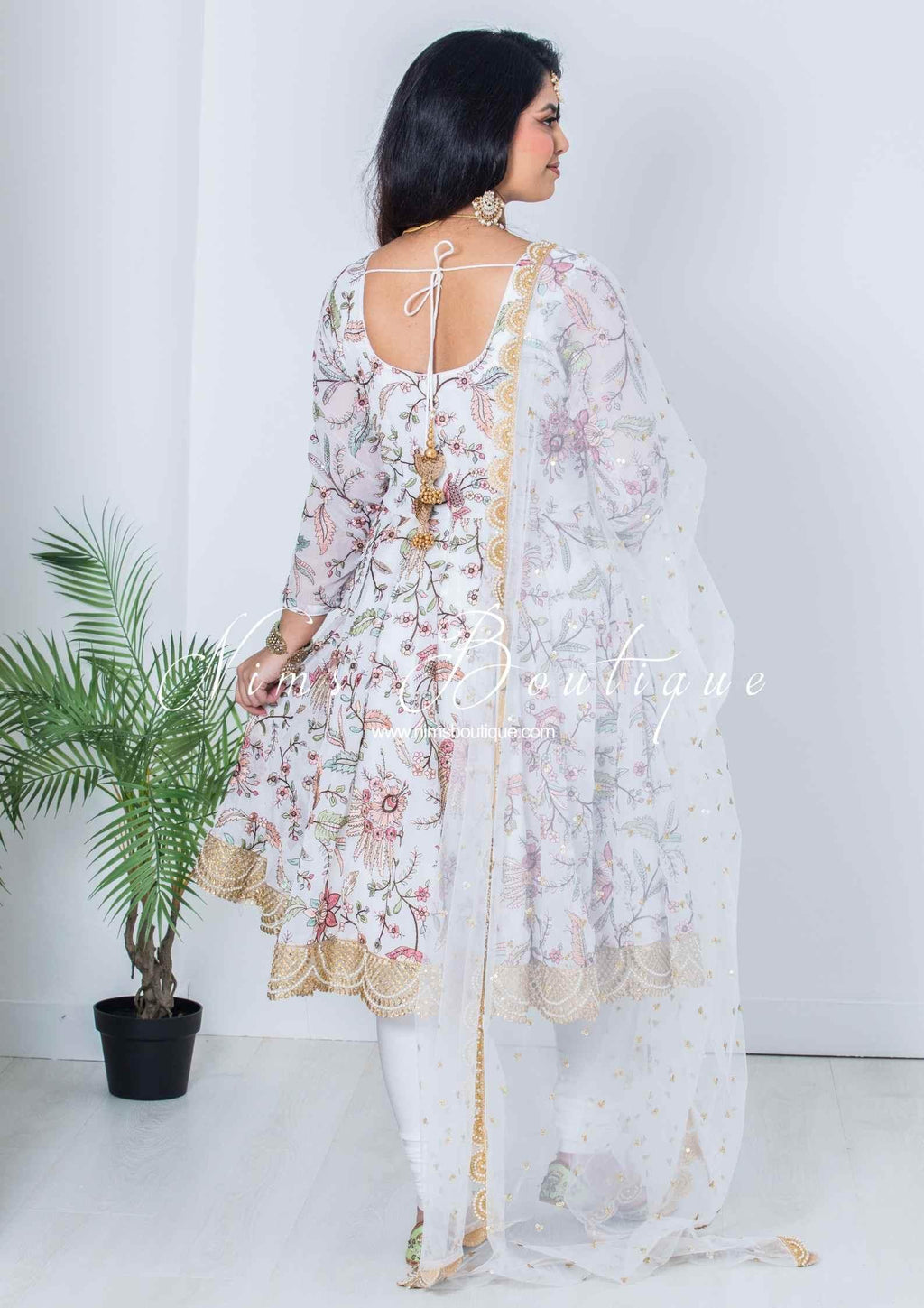 Nims Boutique Sarika White Luxury Long Sleeved Anarkali Suit with Pajami sizes 4-14