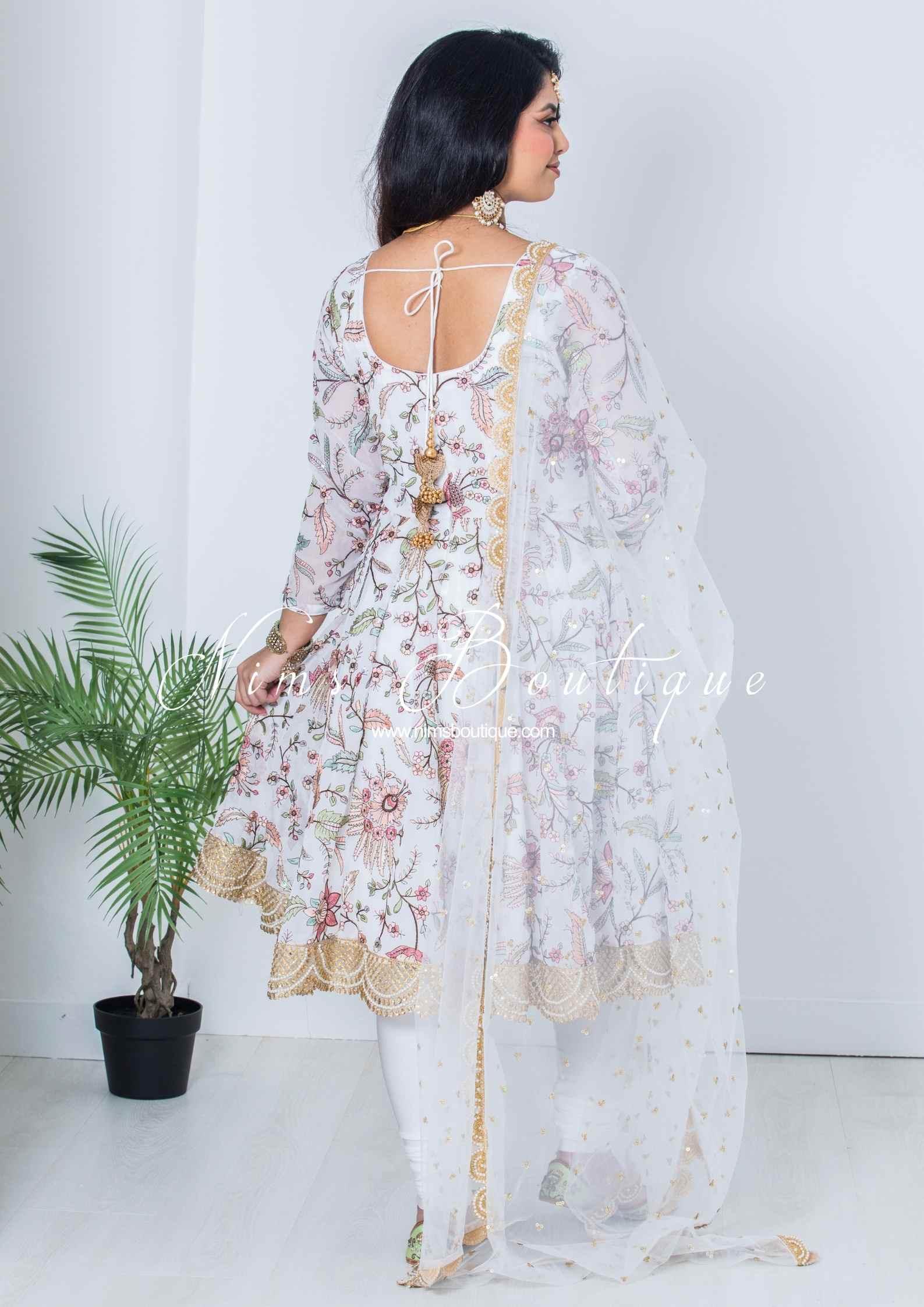 Nims Boutique Sarika White Luxury Long Sleeved Anarkali Suit with Pajami sizes 4-14