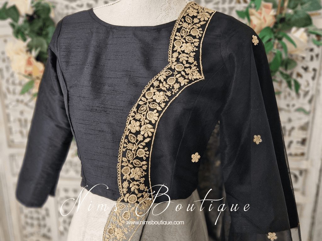 Nims Boutique Black Raw Silk High Neck Blouse with sleeves 4-26