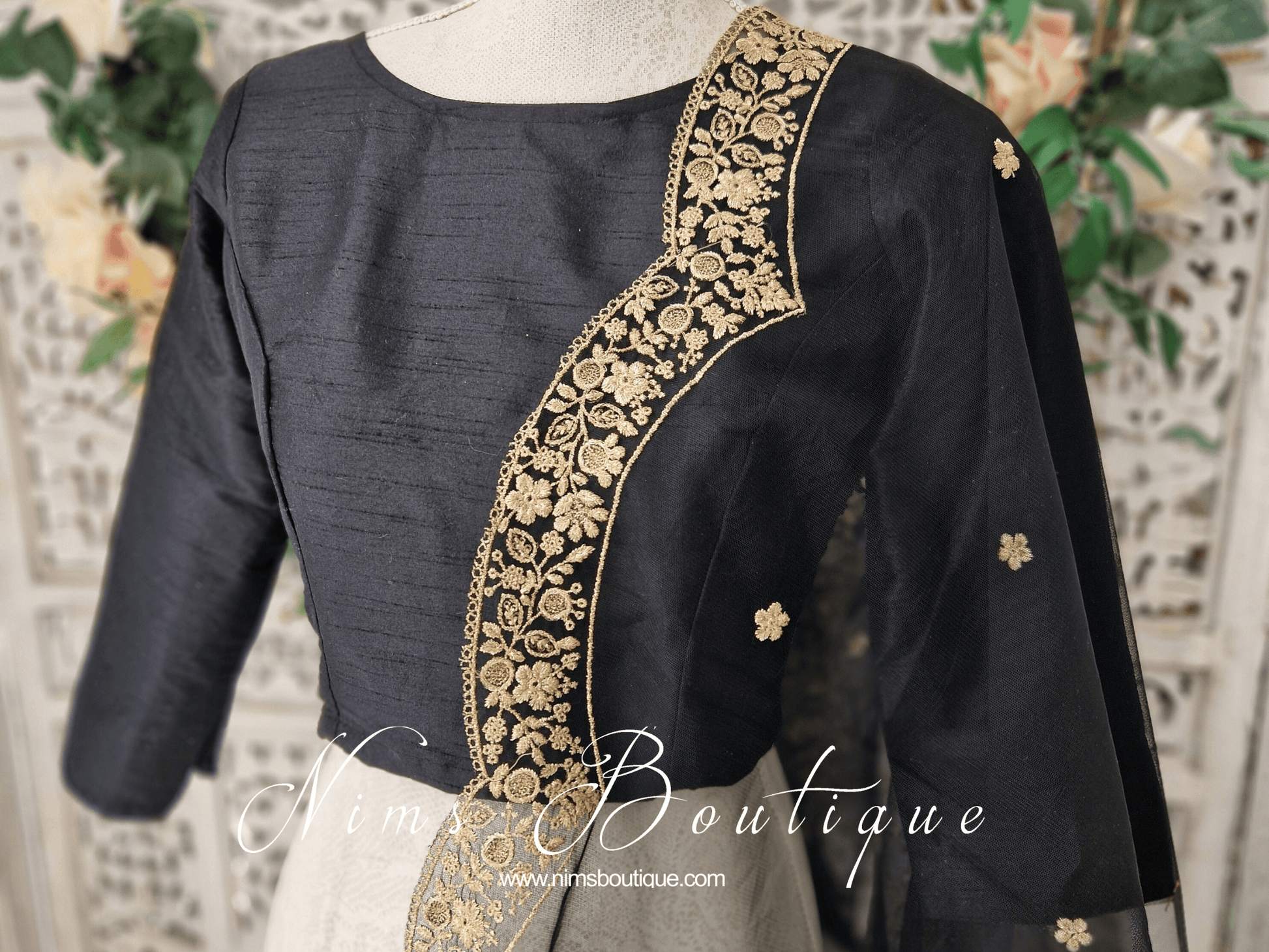 Nims Boutique Black Raw Silk High Neck Blouse with sleeves 4-26