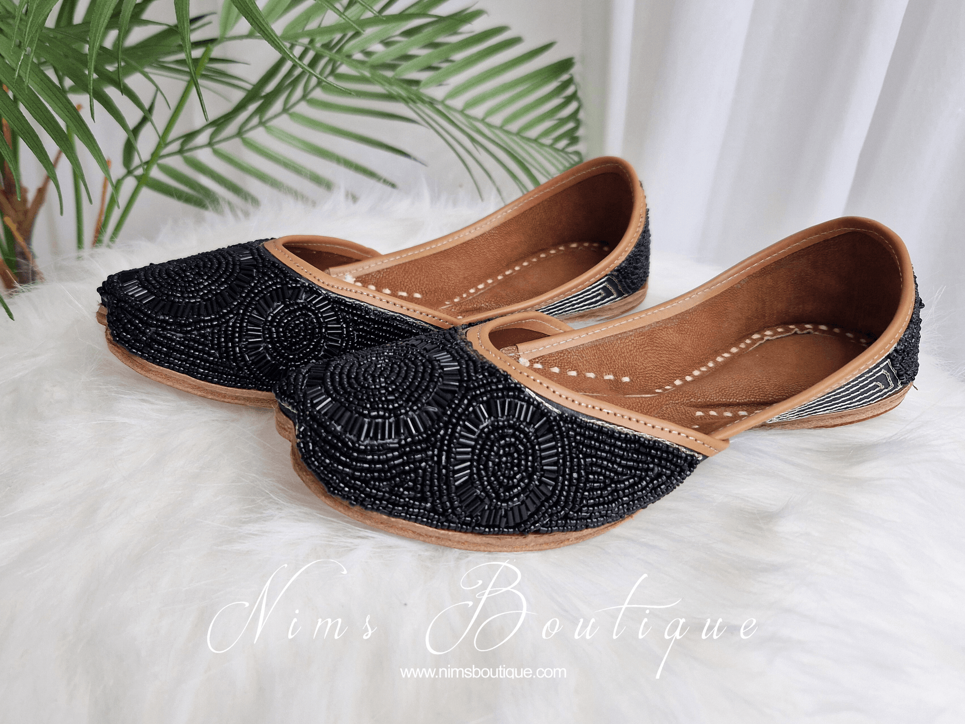 Nims Boutique Black Beaded Leather Punjabi Juttis