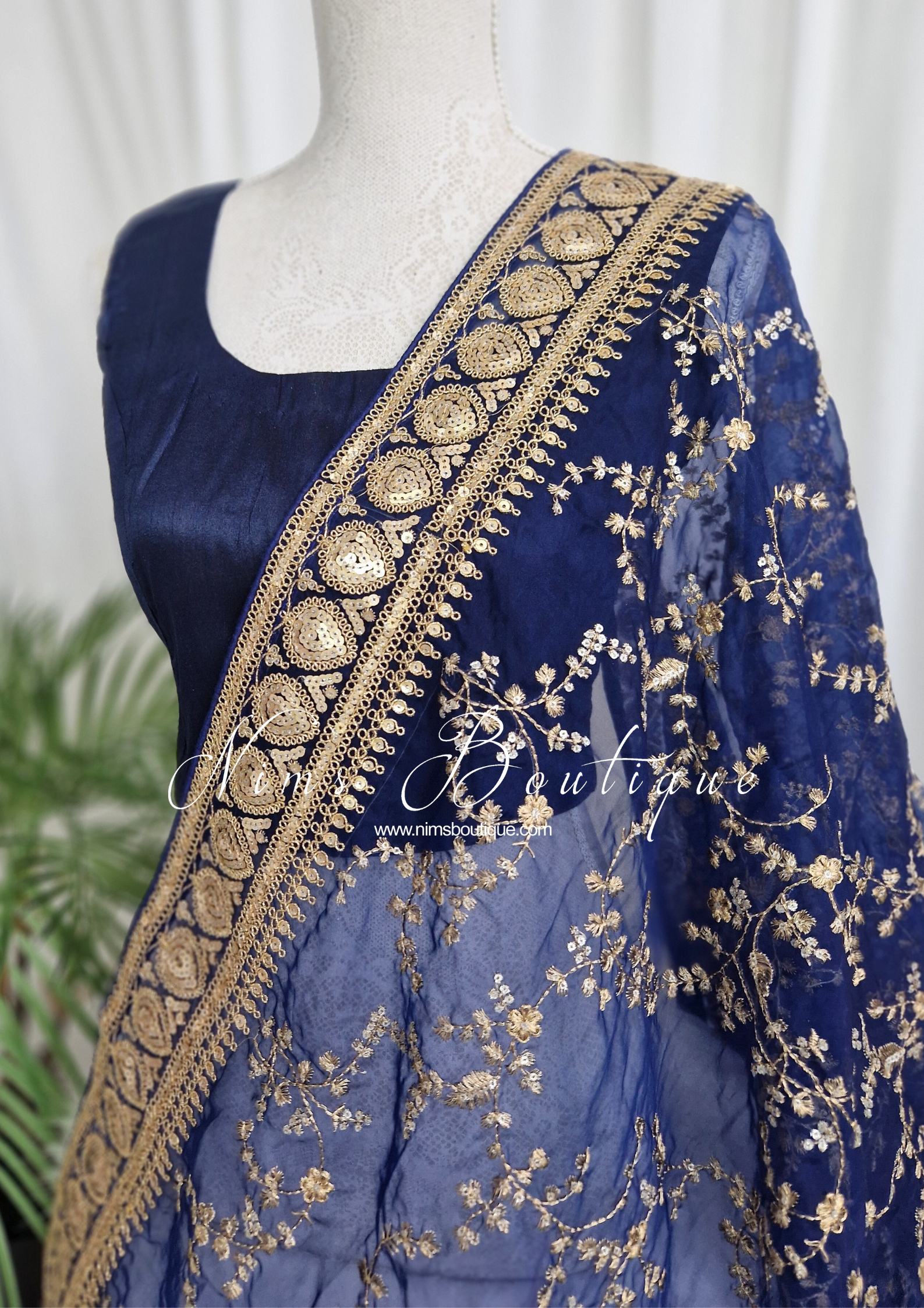 Nims Boutique Mahi Luxury Navy Organza Embroidered Dupatta/Chunni