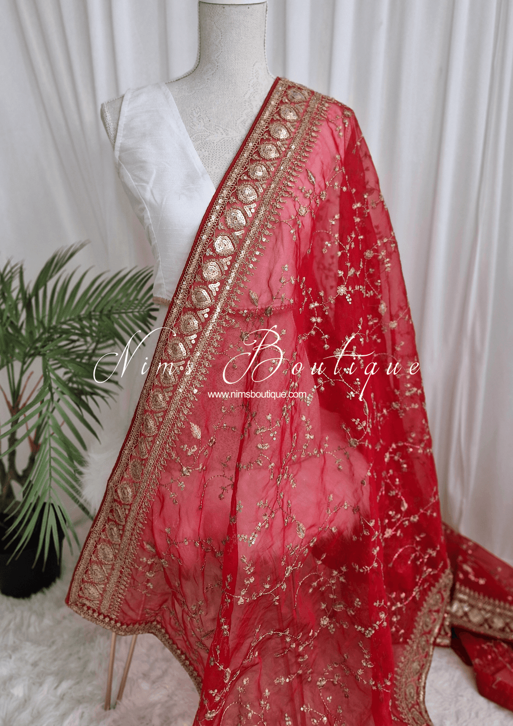 Nims Boutique Mahi Luxury Red Organza Embroidered Dupatta/Chunni