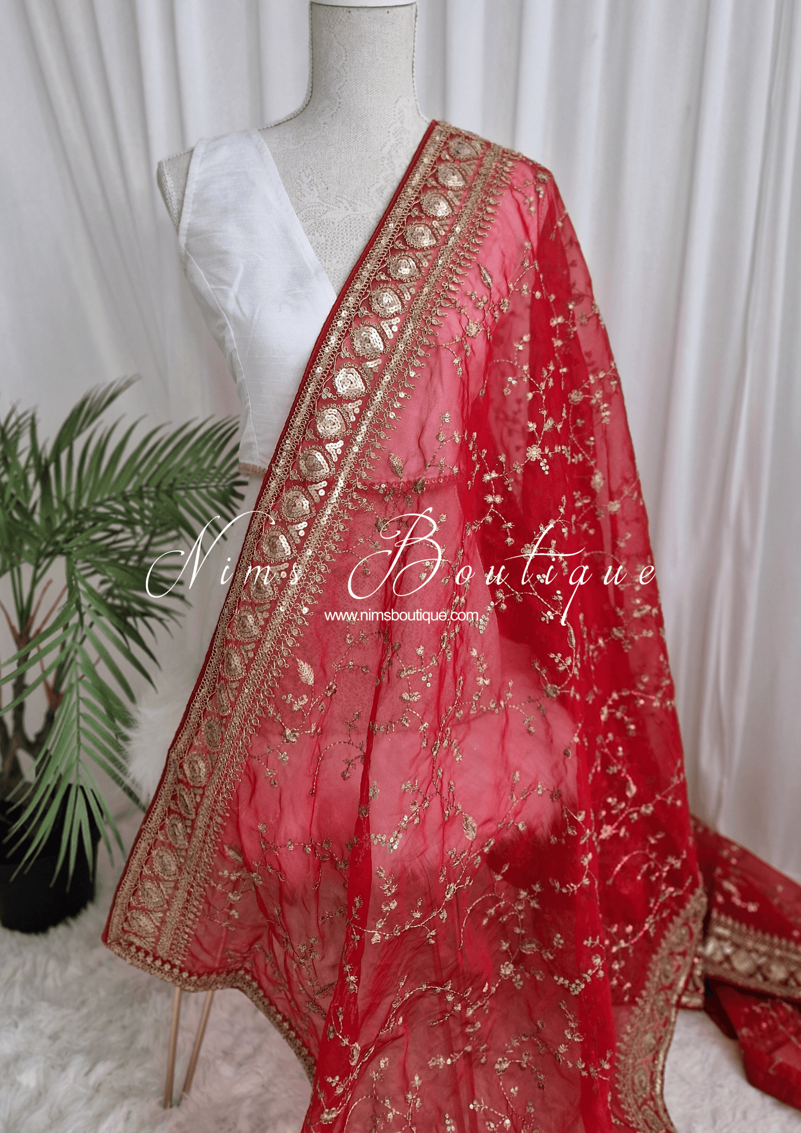 Nims Boutique Mahi Luxury Red Organza Embroidered Dupatta/Chunni