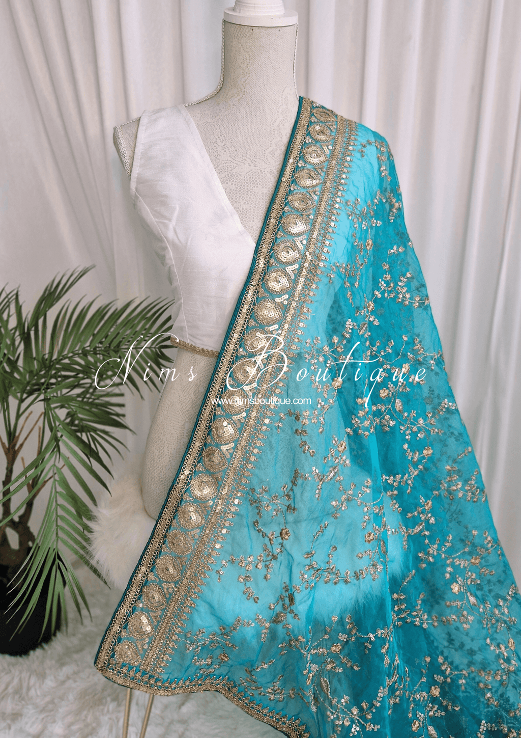 Nims Boutique Mahi Luxury Bright Teal Organza Embroidered Dupatta/Chunni