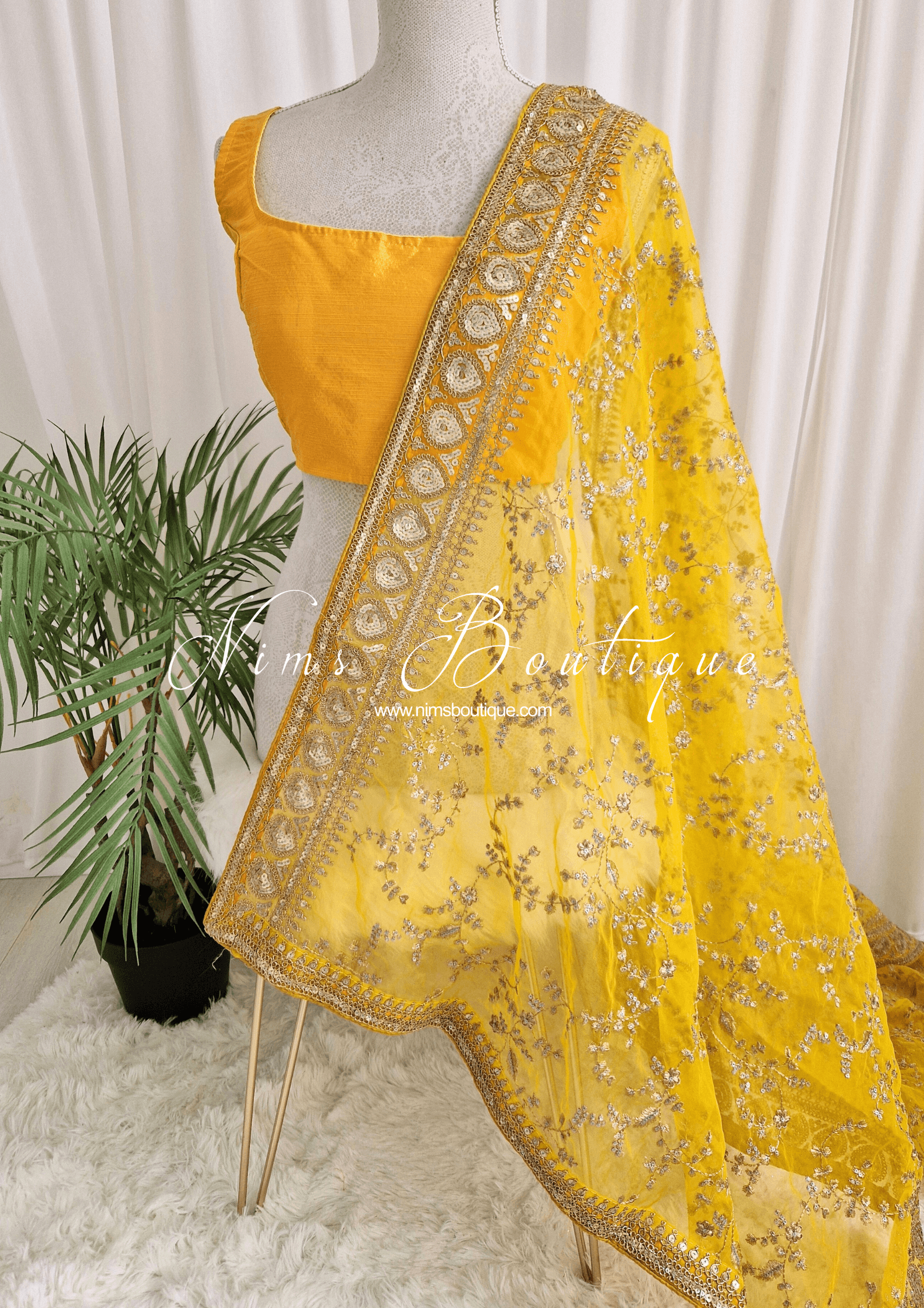 Nims Boutique Mahi Luxury Deep Yellow Organza Embroidered Dupatta/Chunni