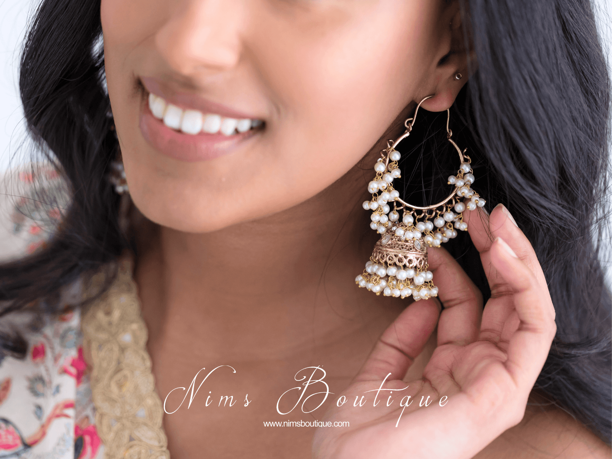 Nims Boutique Emilia Royal Antique Gold Pearl Hoop Chumka Earrings