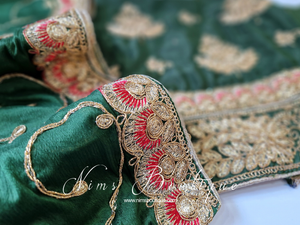 Luxury Unstitched Dark Green & Coral Embroidered Silk Suit