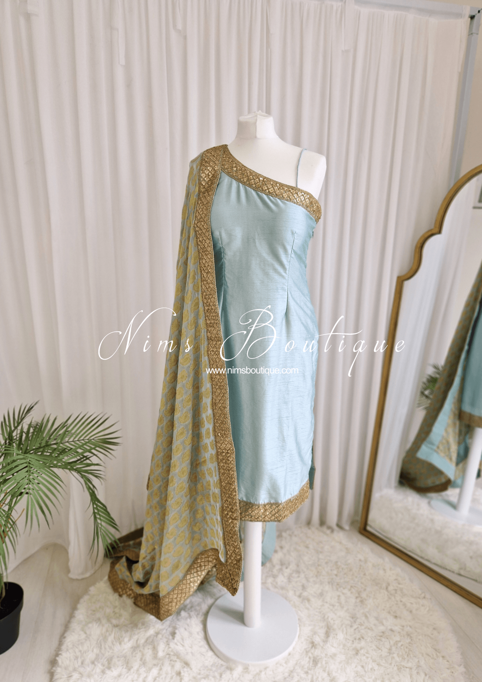 Nims Boutique One Shoulder Light Sage Pajami Suit sizes 4-16