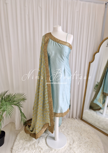 One Shoulder Light Sage Pajami Suit (sizes 4-16)