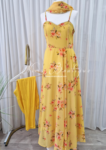 Yellow Floral Dress with Pajami (size 4-16)