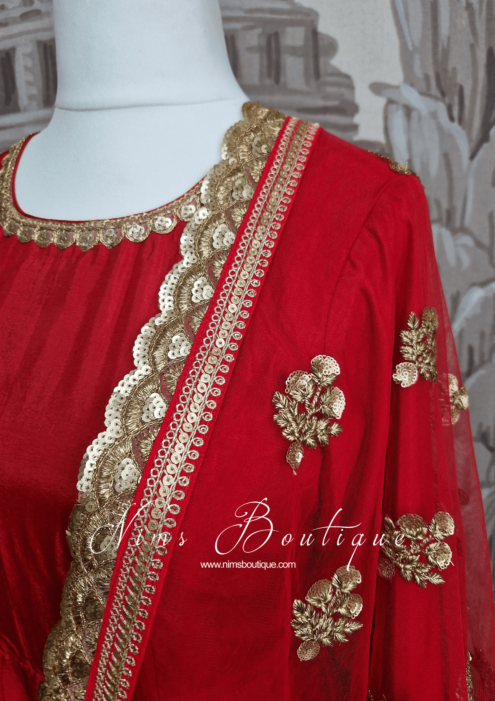 Nims Boutique Rashmi Luxury Red Silk Anarkali Suit with Pajami Sizes 4-16