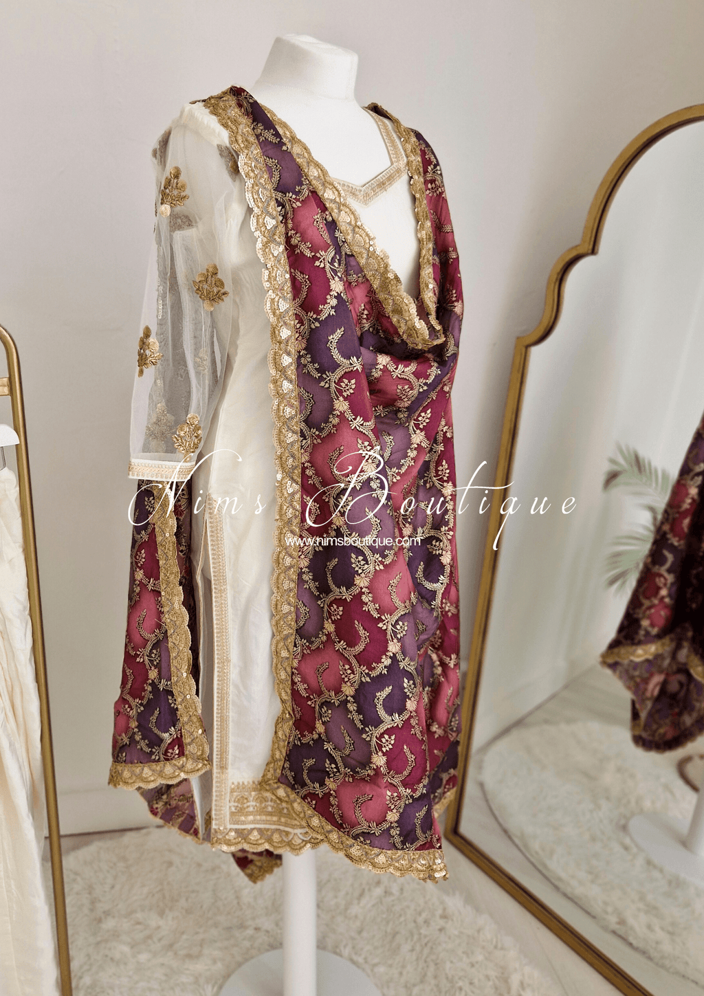 Nims Boutique The NB Classic Long Sleeved Ivory Silk & Multicolour Salwar Suit 8-20