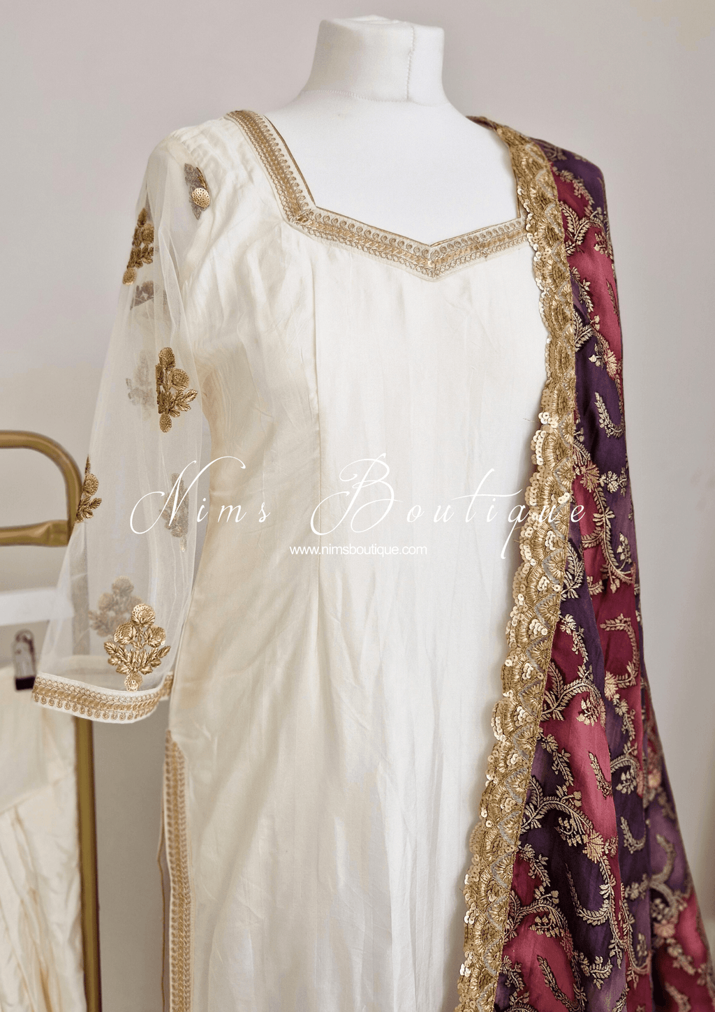 Nims Boutique The NB Classic Long Sleeved Ivory Silk & Multicolour Salwar Suit 8-20