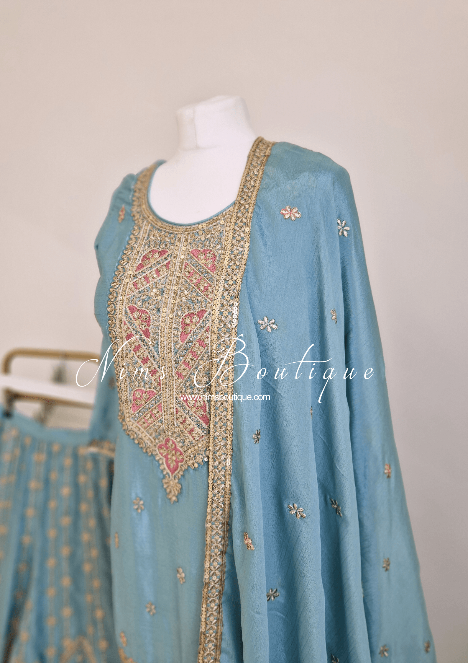 Nims Boutique Luxury Powder Blue Embroidered Sharara Suit Size 12-14