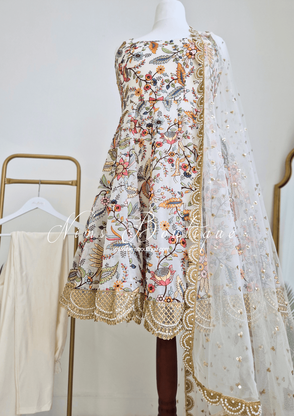 Nims Boutique Sarika Luxury White & Multicolour Anarkali Suit with Pajami sizes 14-24