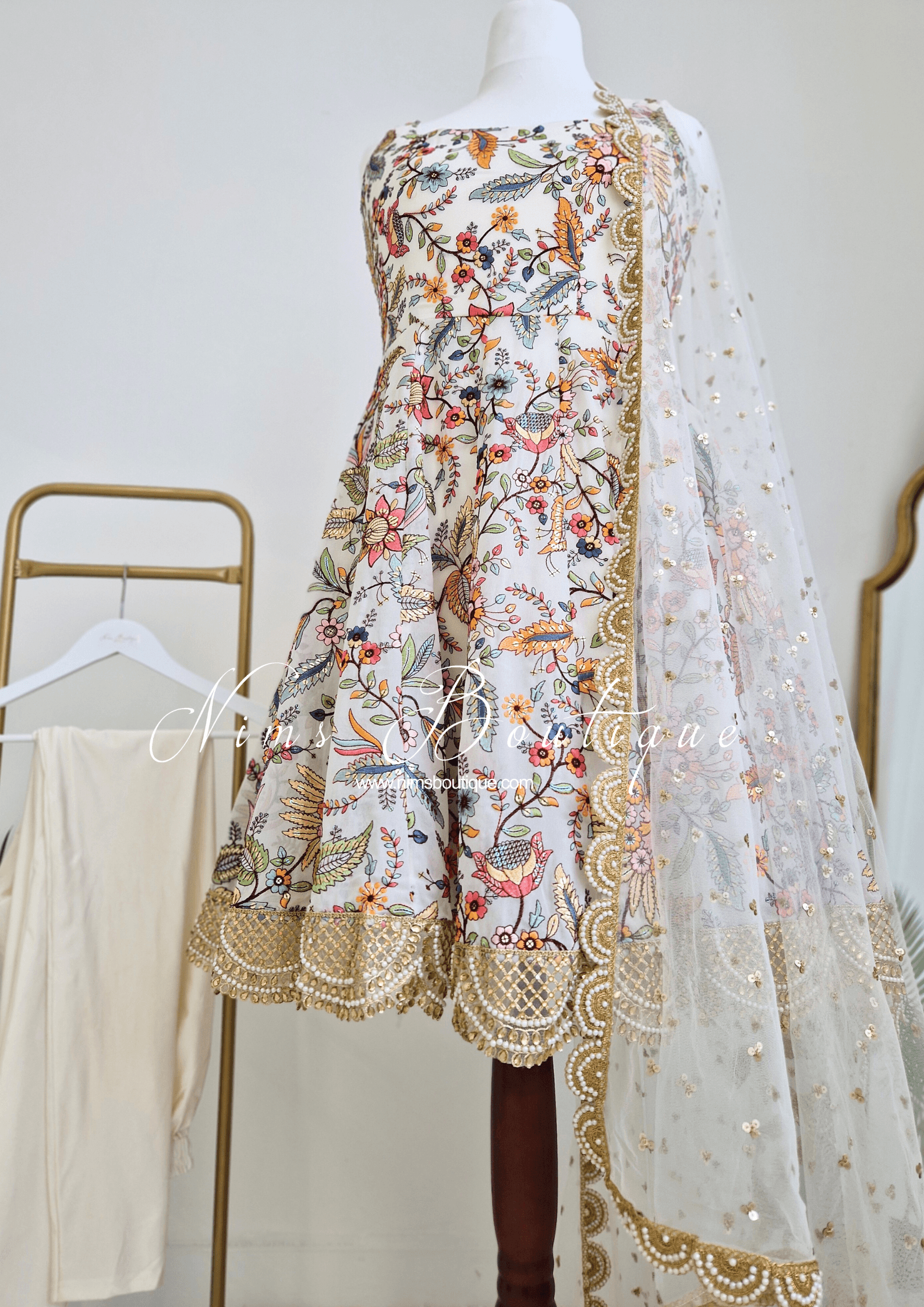 Nims Boutique Sarika Luxury White & Multicolour Anarkali Suit with Pajami sizes 14-24
