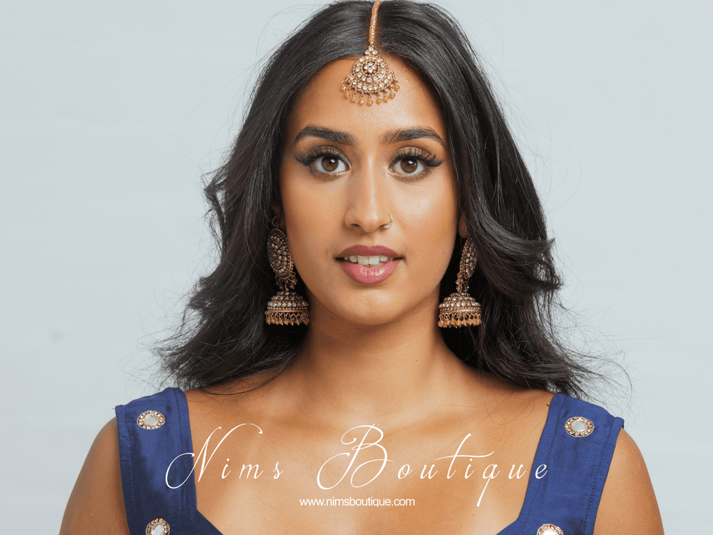Nims Boutique Royal Antique Gold & Clear Stone Tikka Set
