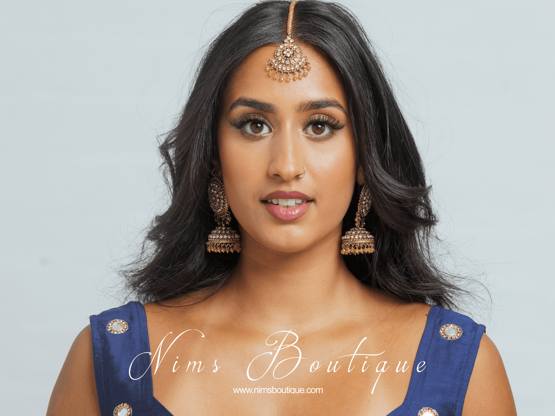 Nims Boutique Royal Antique Gold & Clear Stone Tikka Set