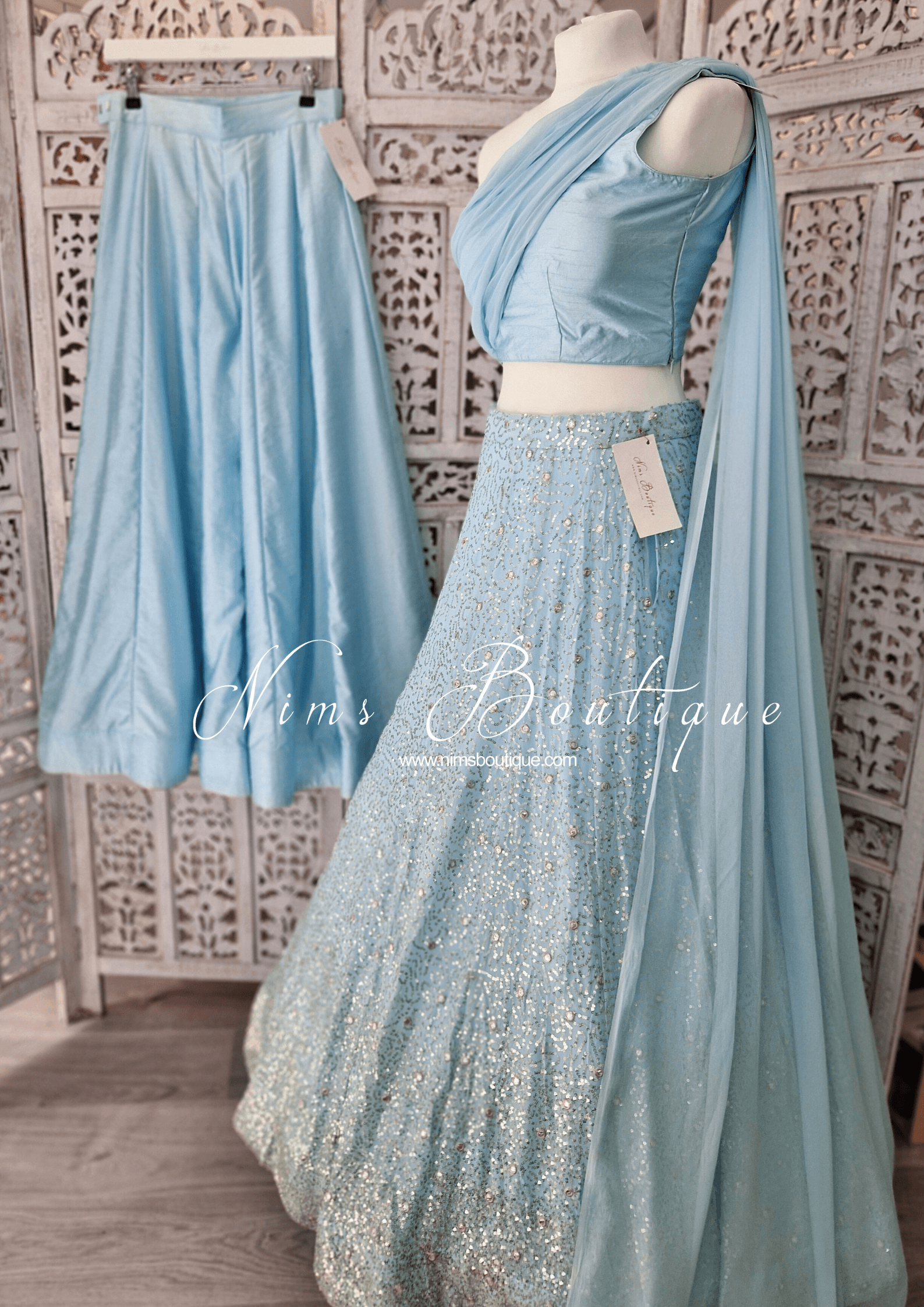Nims Boutique Arya Powder Blue Luxury One Shoulder & Dupatta blouse 4-10