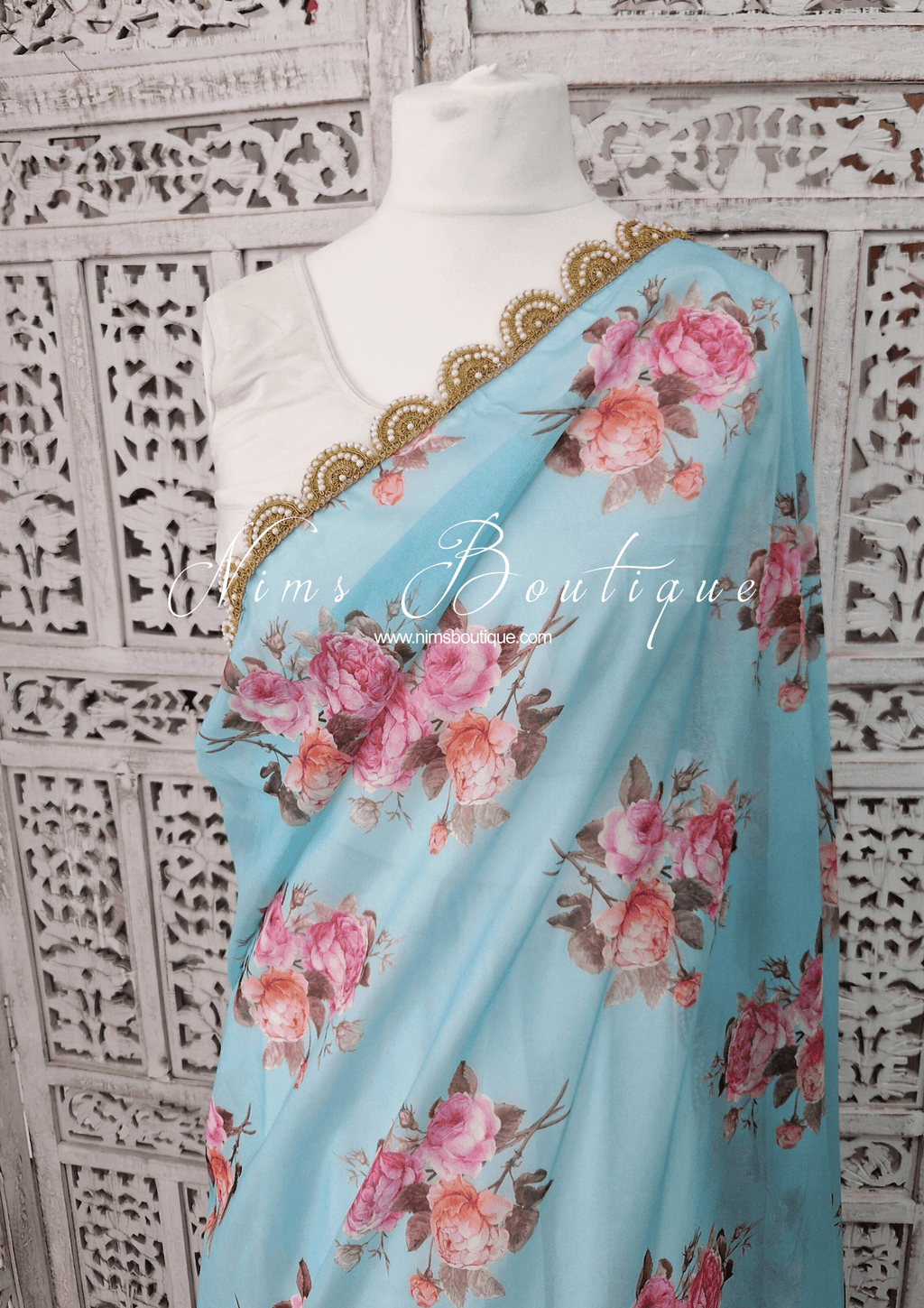 Nims Boutique Luxury Blue Organza Floral Dupatta/Chunni with Pearl Edging