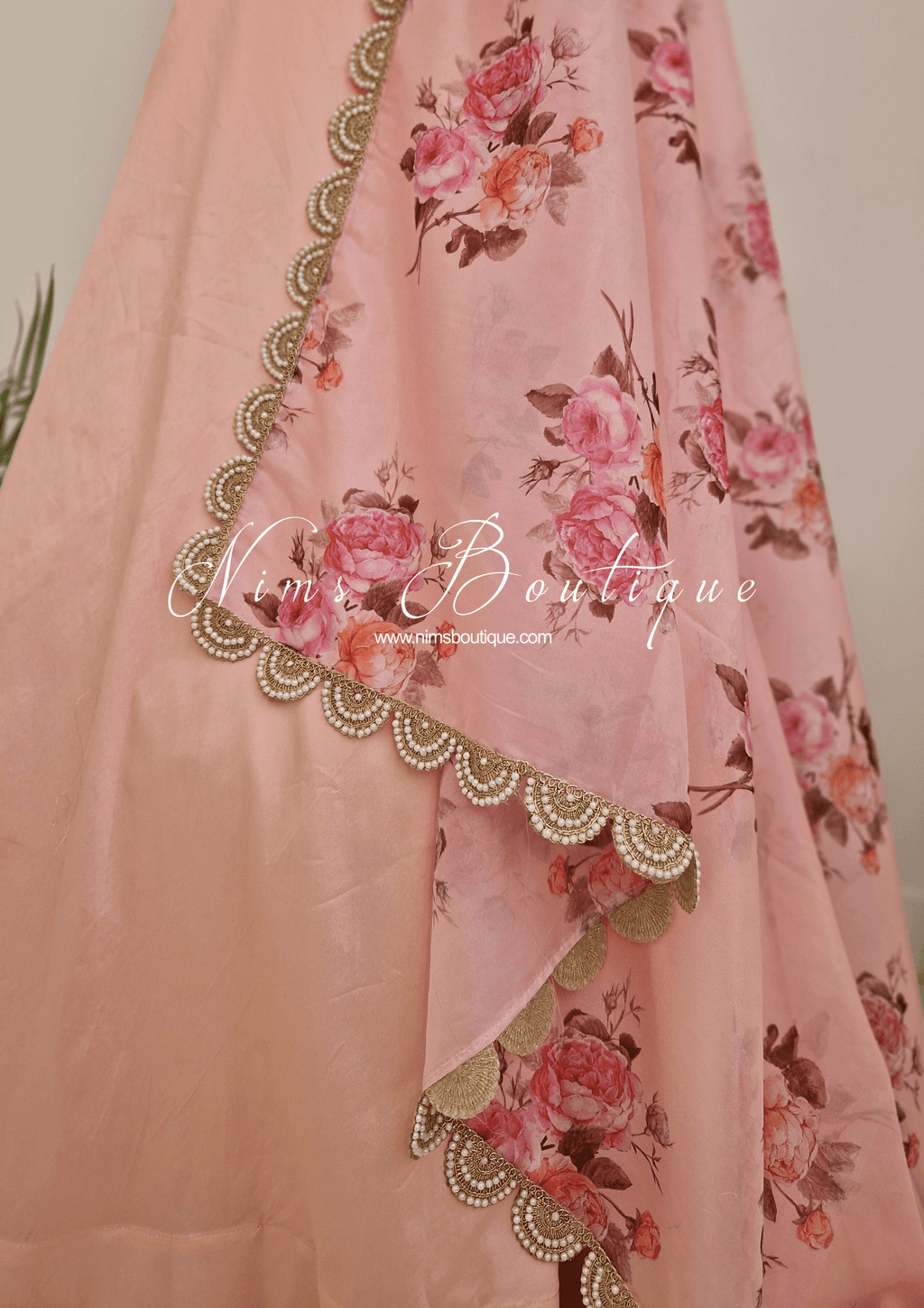 Nims Boutique Luxury Peach Organza Floral Dupatta/Chunni with Pearl Edging