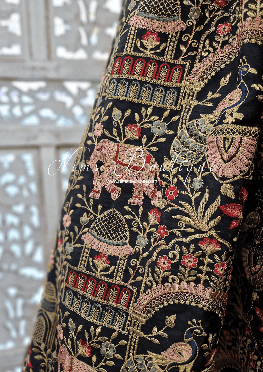 Nims Boutique Luxury Elephant & Peacock Black thread embroidered Skirt One size