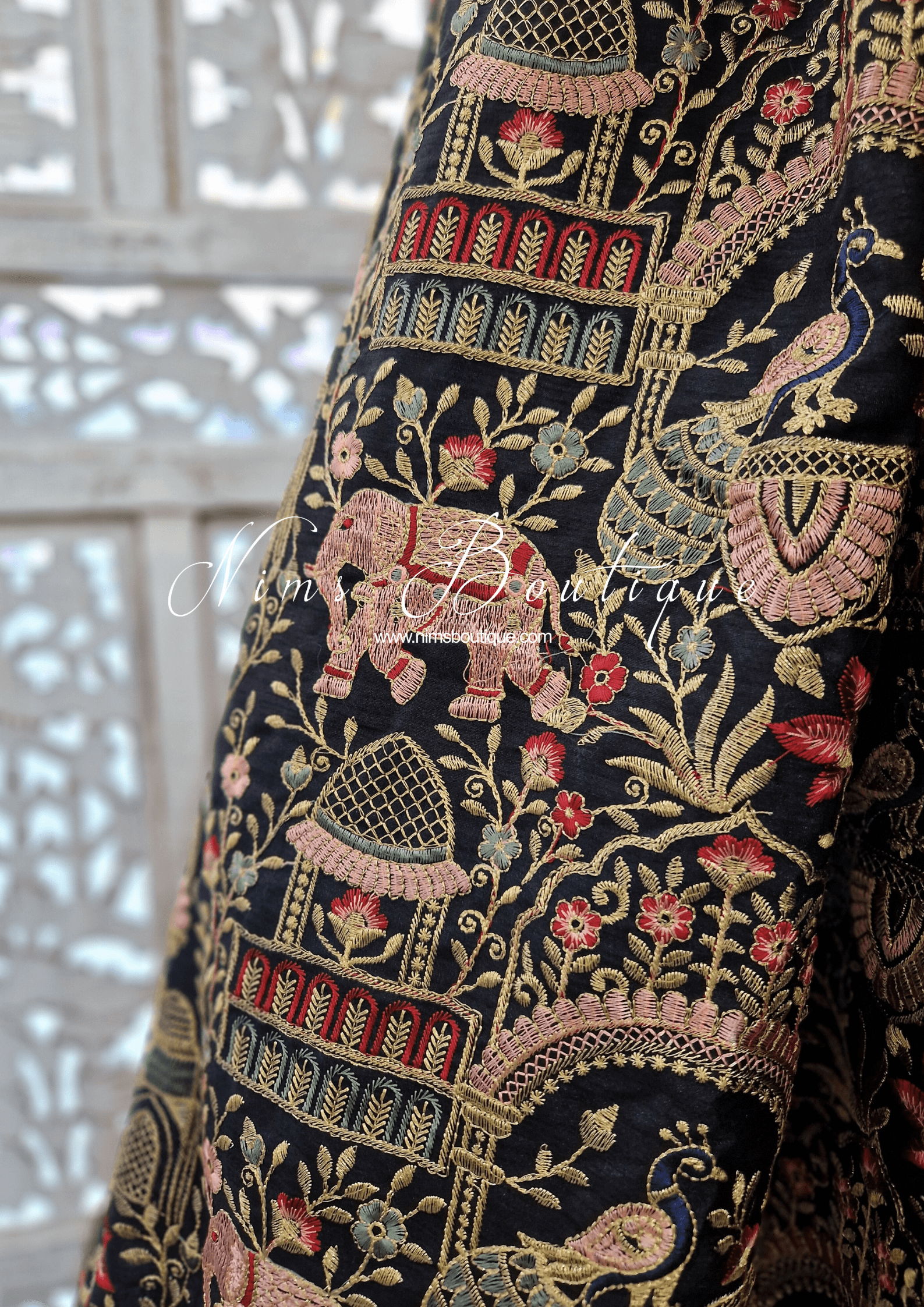 Nims Boutique Luxury Elephant & Peacock Black thread embroidered Skirt One size
