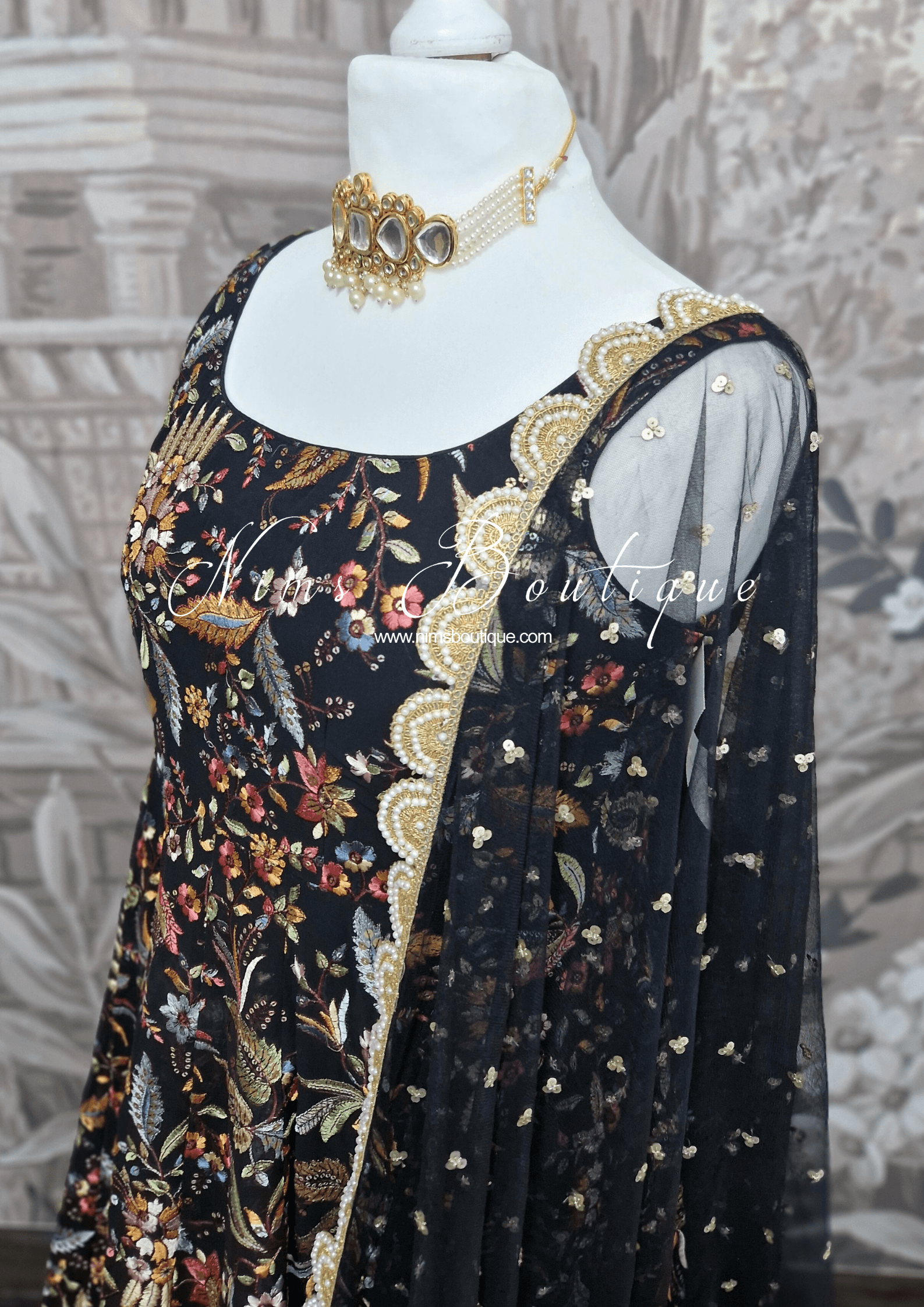 Nims Boutique Sarika Luxury Black & Multicolour Anarkali Suit with Pajami sizes 12-22