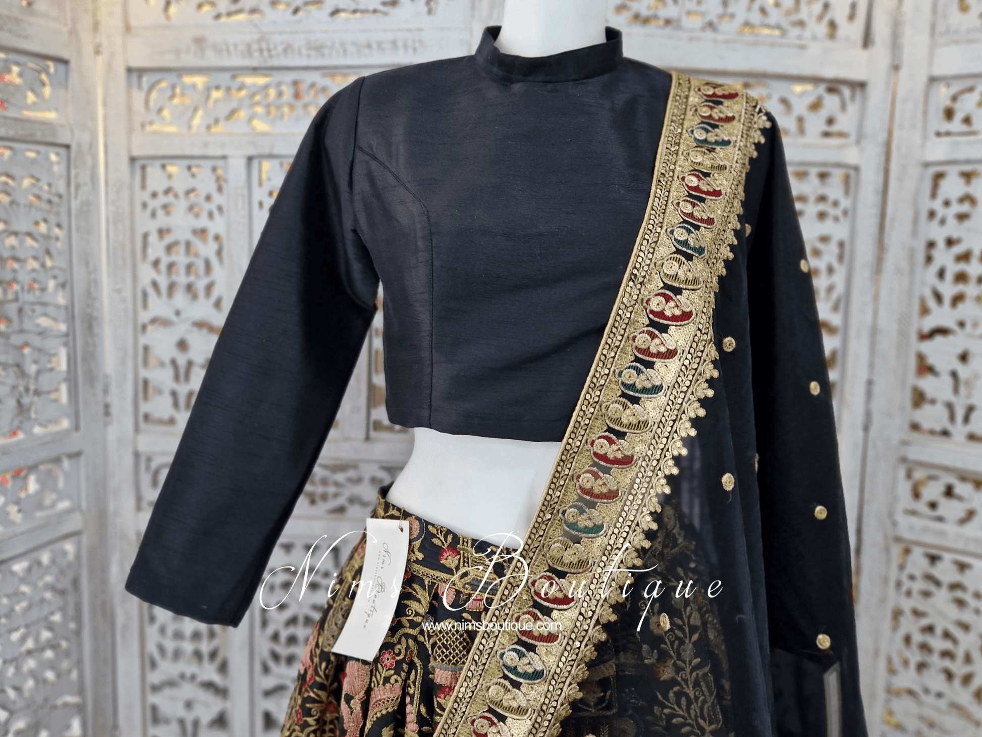 Nims Boutique Black Raw Silk High Collar Neck Blouse with sleeves 4-24