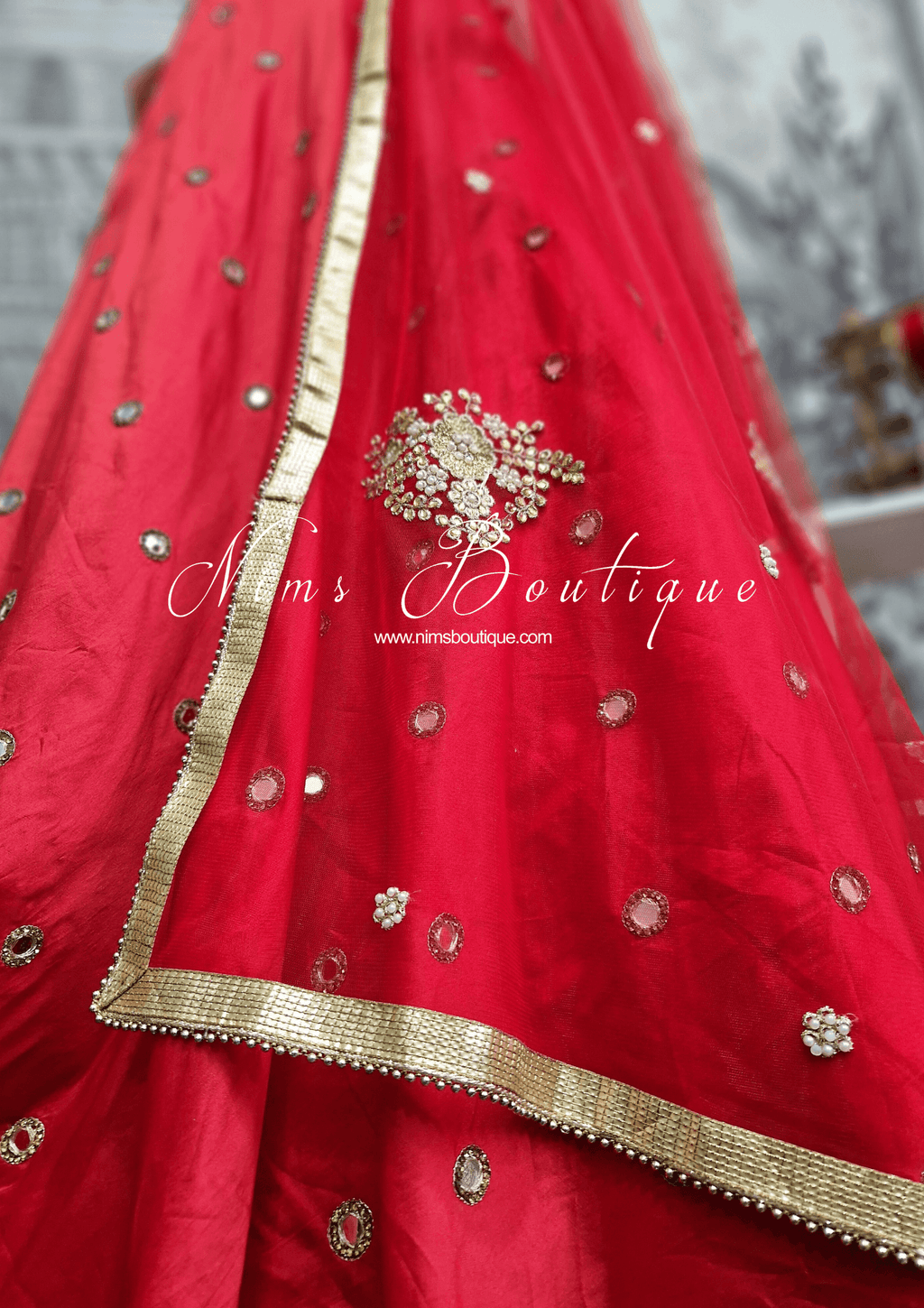 Nims Boutique Red Net Pearl Embellished Dupatta/Chunni NP1