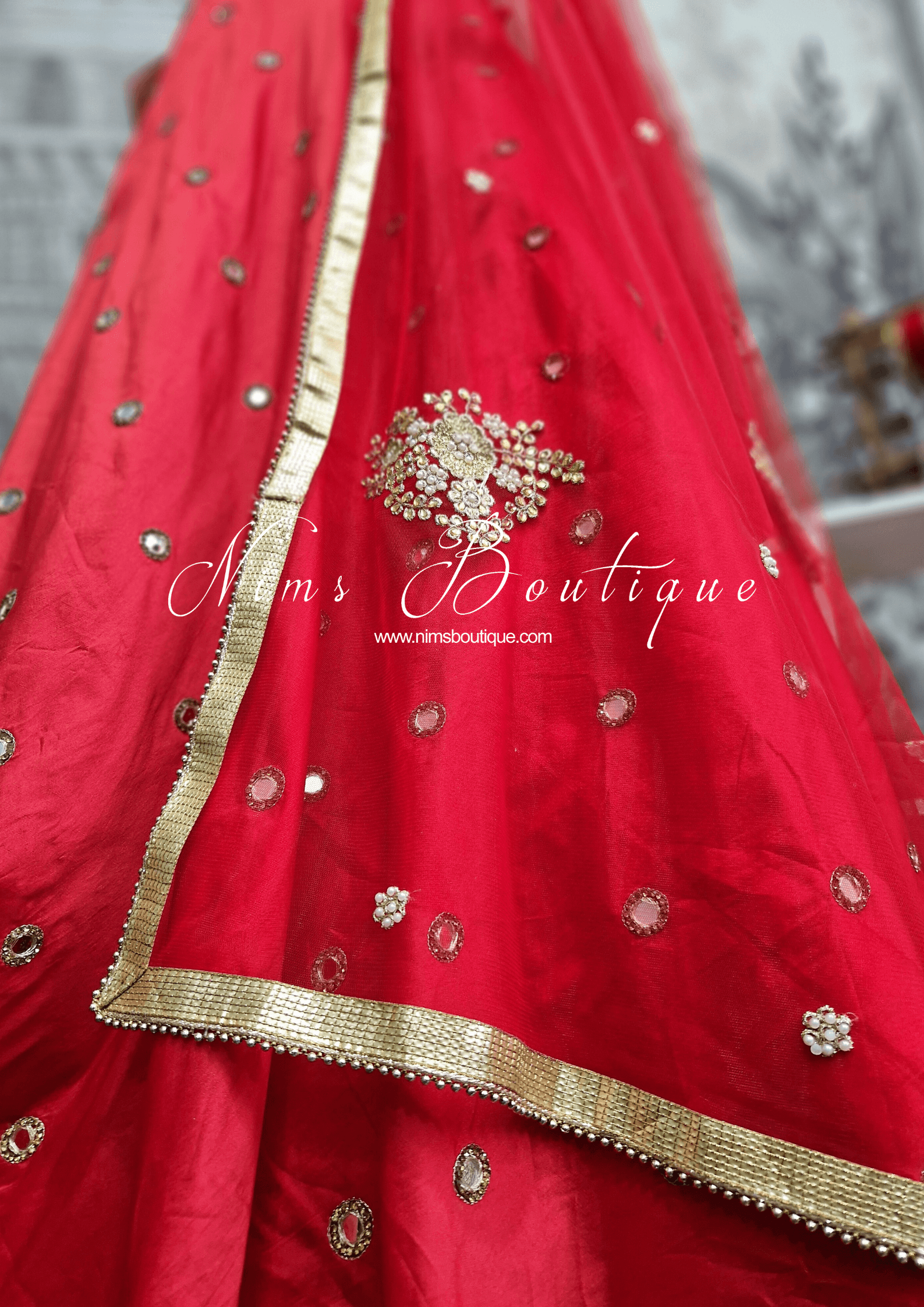 Nims Boutique Red Net Pearl Embellished Dupatta/Chunni NP1