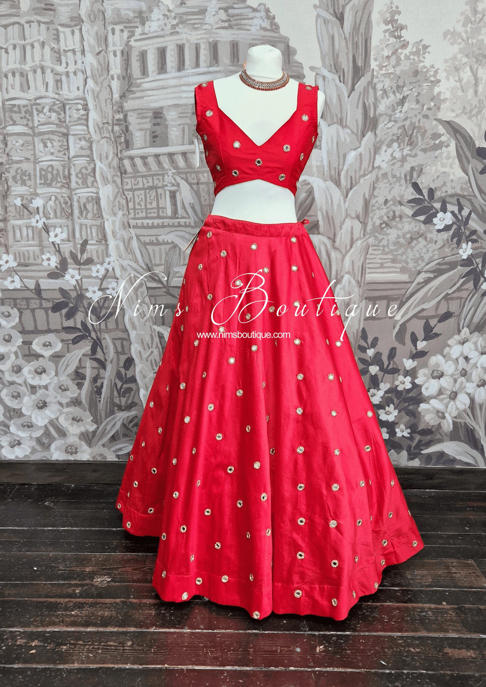 Nims Boutique Rani Luxury Red Silk Mirror readymade skirt/lehnga size 4-20