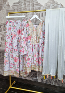 Grey Floral Chinon Sharara Suit (Size 16-18)