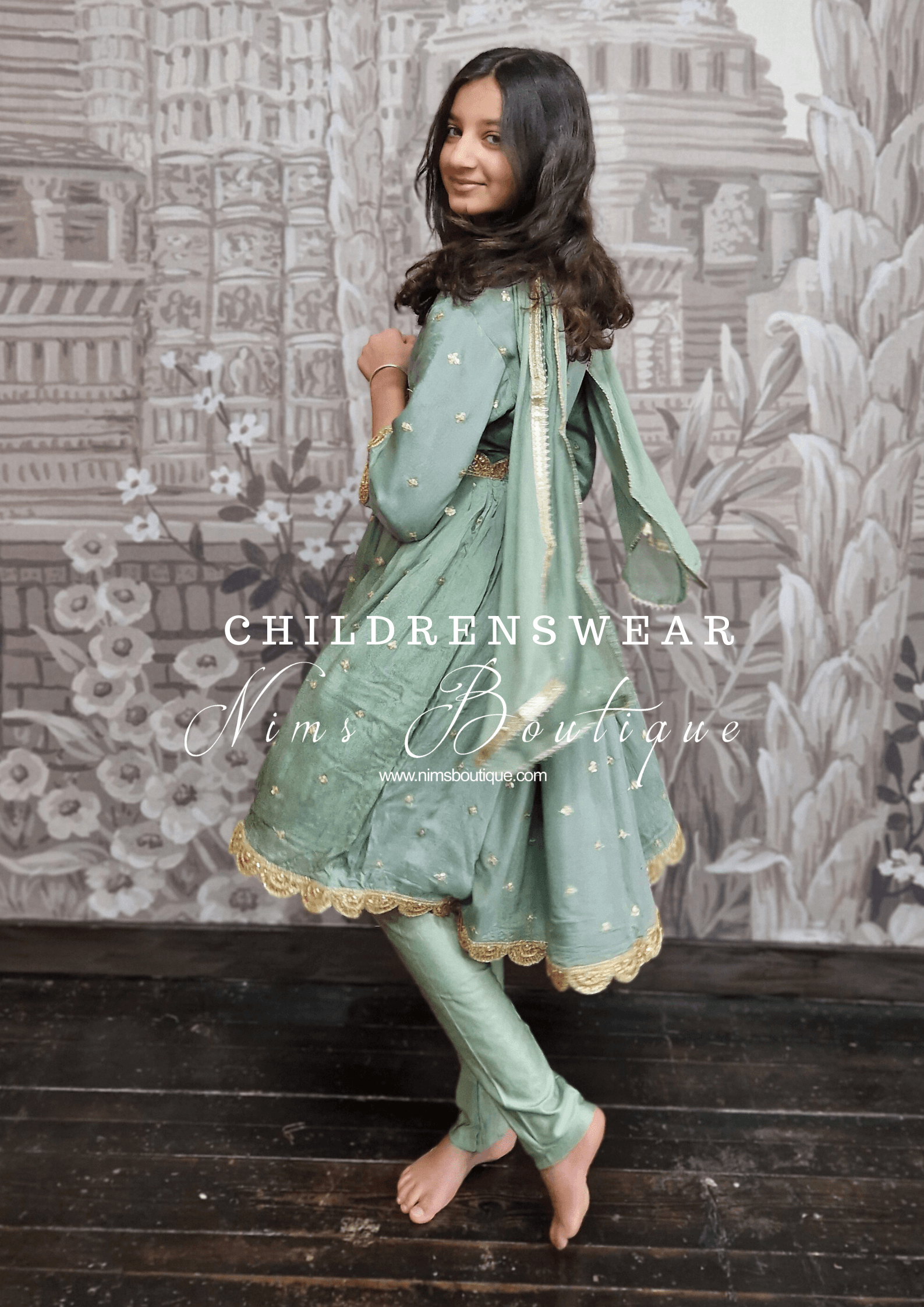 Nims Boutique Sage Green Sequin Frock Kids Pajami Suit