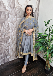 Limited Edition Rashmi Luxury Dark Grey Silk Anarkali Suit with Pajami (10-12)