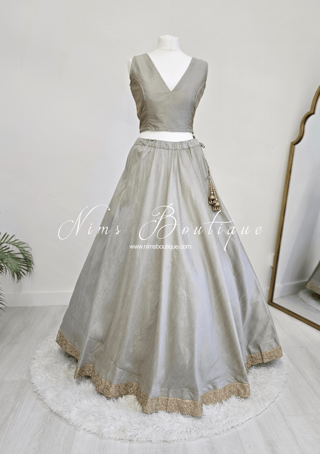 Nims Boutique Saloni Readymade Sage Grey Raw Silk skirt/lehnga sizes 4-24