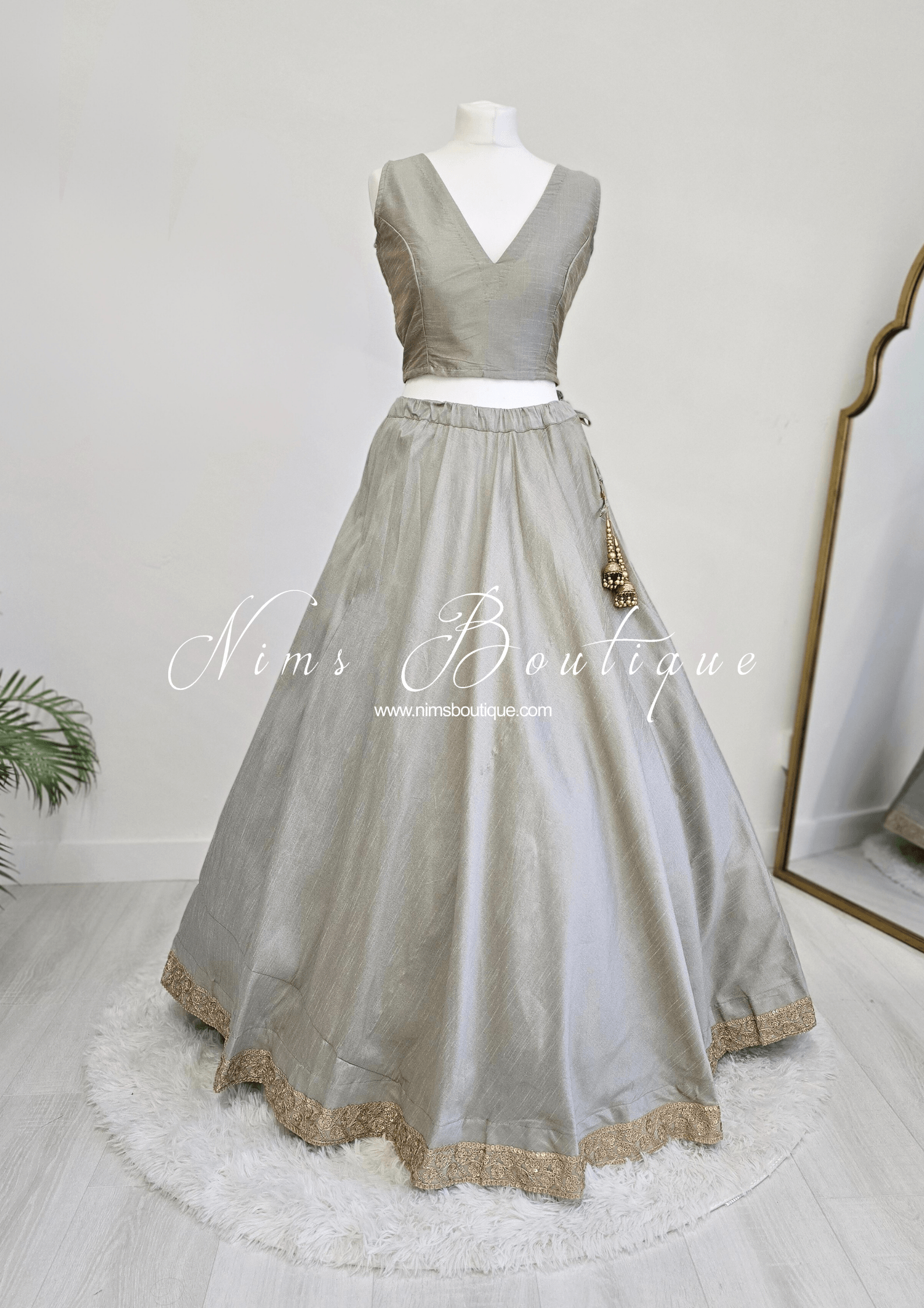 Nims Boutique Saloni Readymade Sage Grey Raw Silk skirt/lehnga sizes 4-24