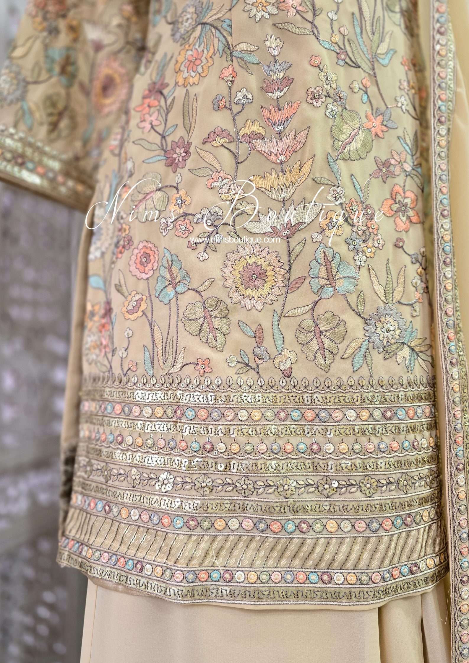 Luxury Beige Embroidered Sharara Suit (Size 12)