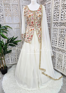 Ivory Multicolour Embroidered Jacket Sharara Suit (Size 10-12)