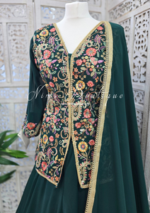 Dark Green Multicolour Embroidered Jacket Sharara Suit (Size 10-12)