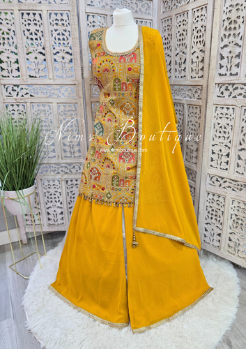 Mustard Multicolour Embroidered Sharara Suit (Size 12-14)