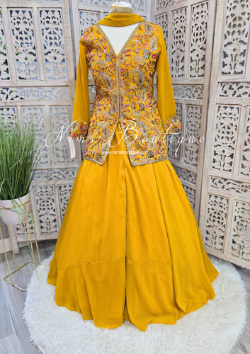 Deep Yellow Multicolour Embroidered Jacket Sharara Suit (Size 10-12)