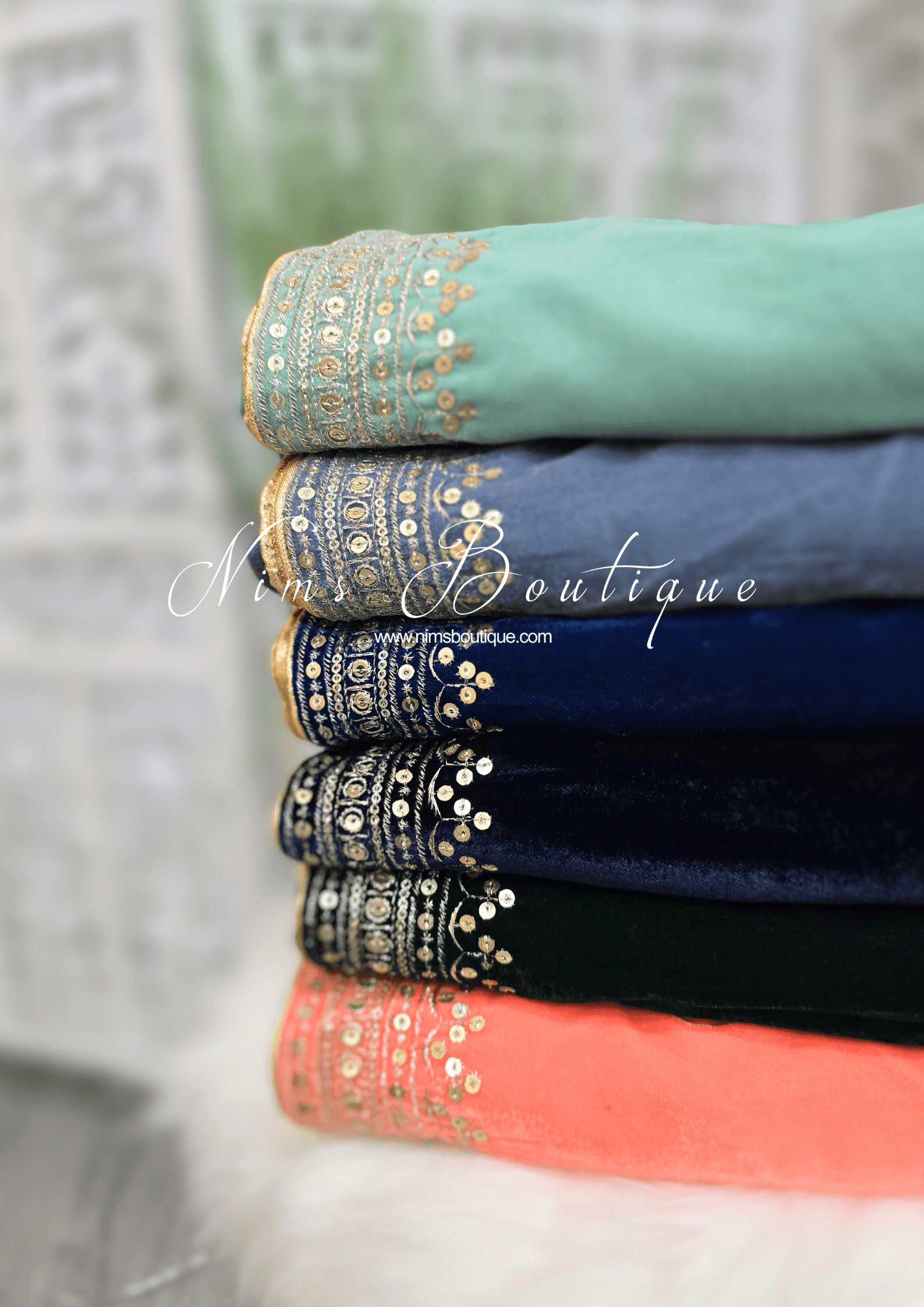 Nims Boutique Luxury Dark Green Velvet Embroidered Shawl