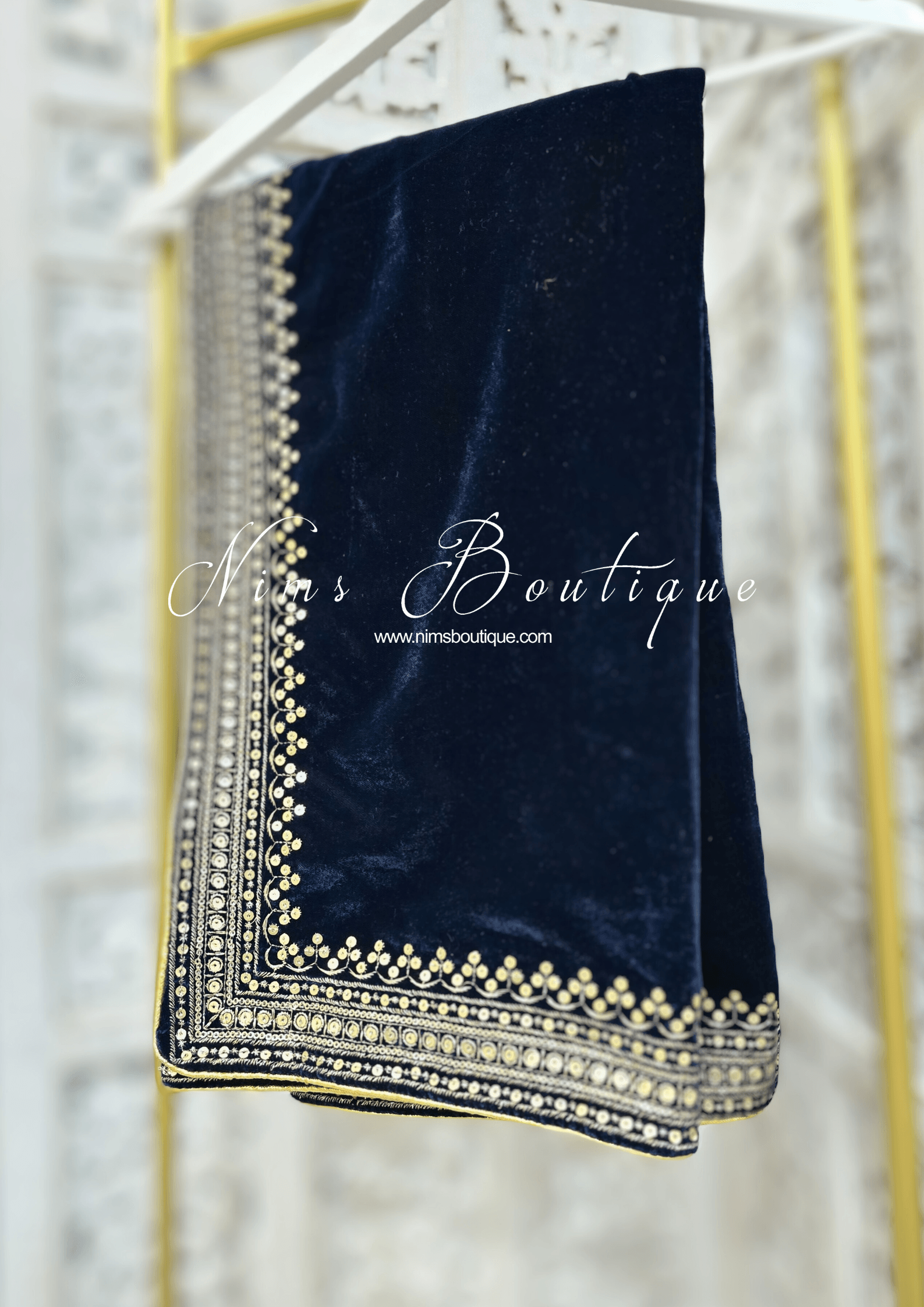 Nims Boutique Luxury Navy Velvet Embroidered Shawl