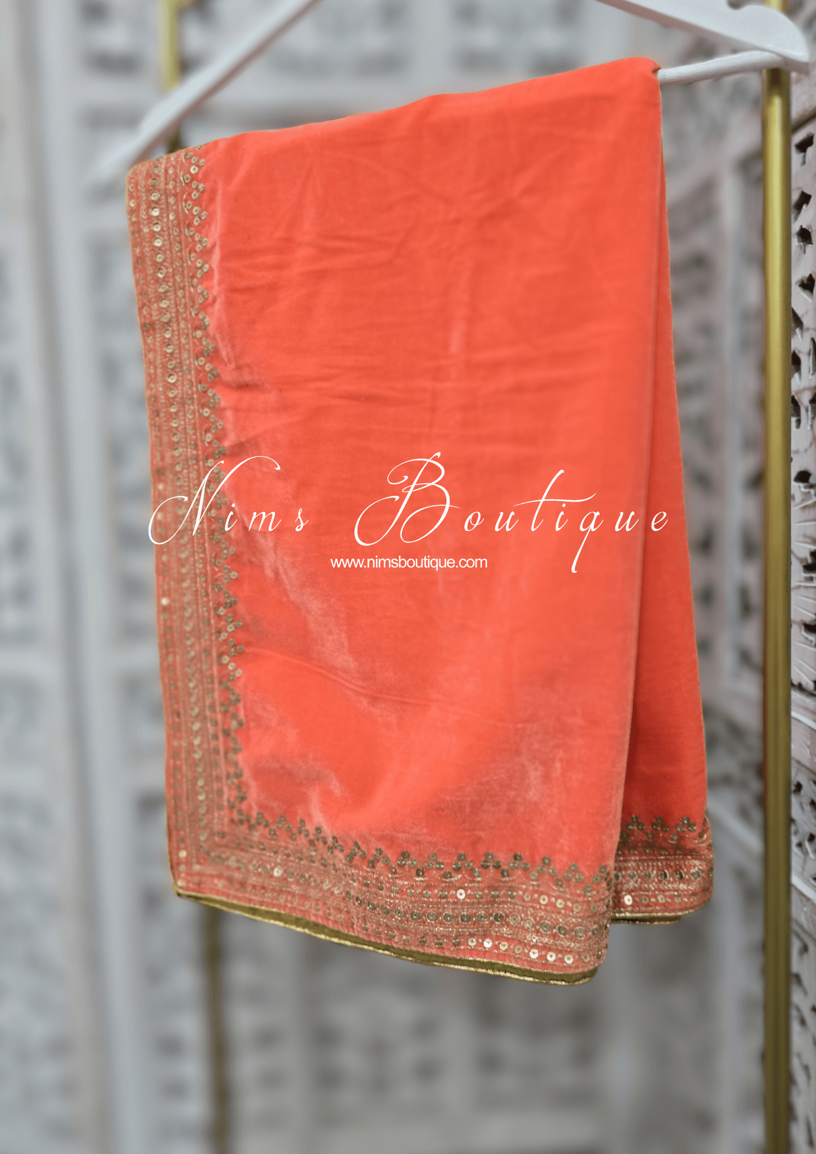 Nims Boutique Luxury Bright Peach Velvet Embroidered Shawl